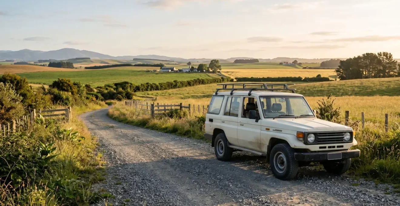 Vue d'ensemble d'un véhicule diesel robuste stationné dans un environnement rural avec espace négatif et lumière naturelle