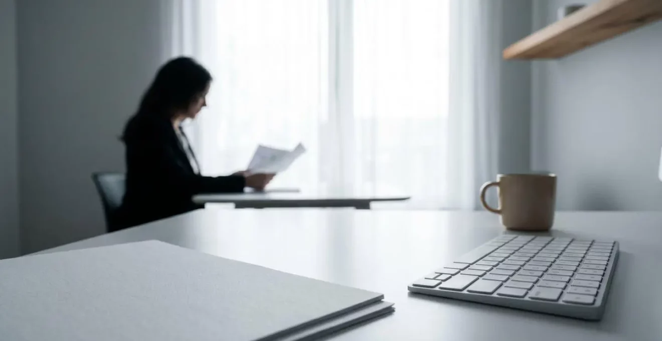 Scène minimaliste évoquant la vérification de documents administratifs d'assurance